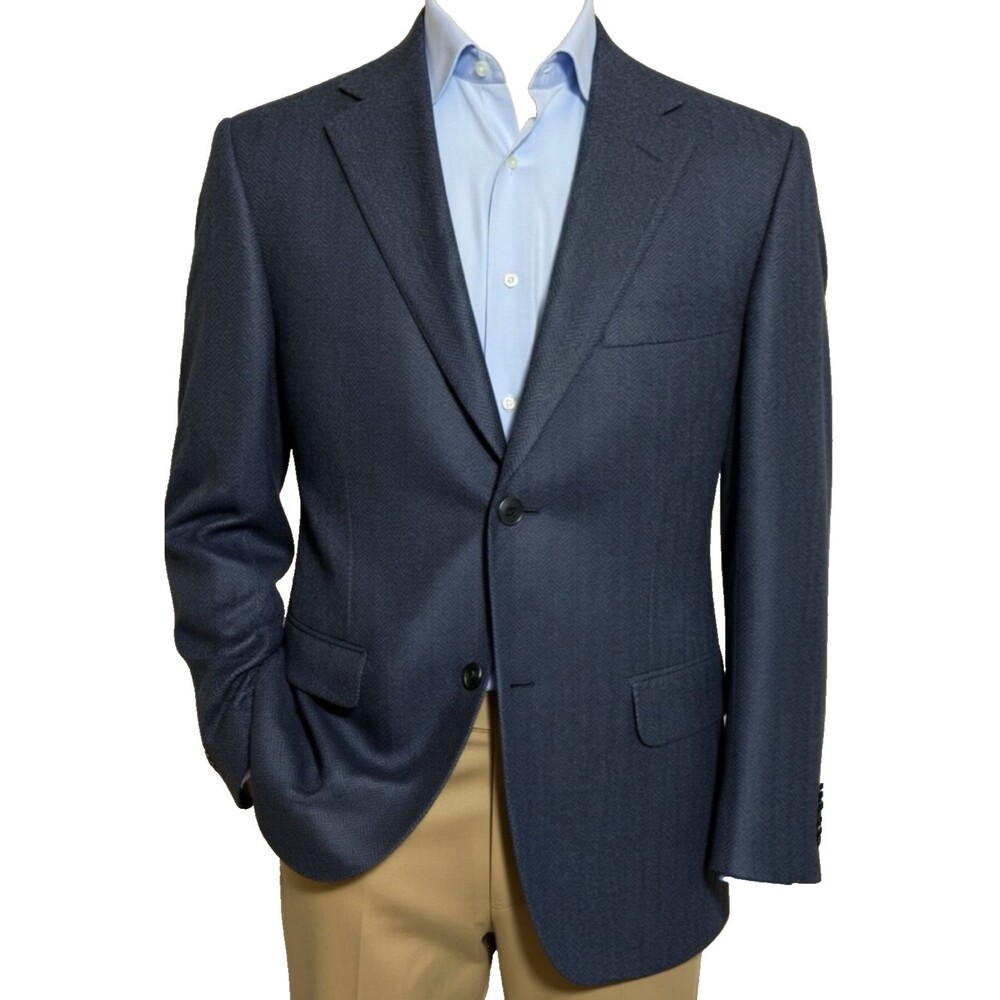 LANDS END Vintage Mans Blazer Sport Coat Two Button Jacket 48L TWEED WOOL Navy